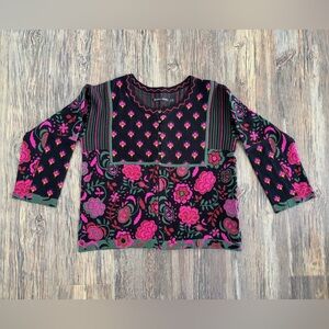 Gudrun Sjödén Knit Cardigan Sweater Medium Black Pink Floral Bold 50% Org Cotton
